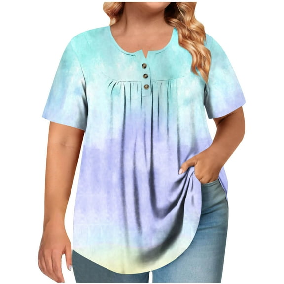 Women's Plus Size Round Neck Top Short Sleeve Ombre T-Shirt with Ruffle and Button Detail Casual Loose Fit Comfortable