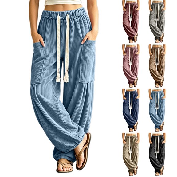 Bxsruta Womens Cargo Pants Wide Leg Baggy Joggers Drawstring Elastic Waist Casual Trousers with Pockets