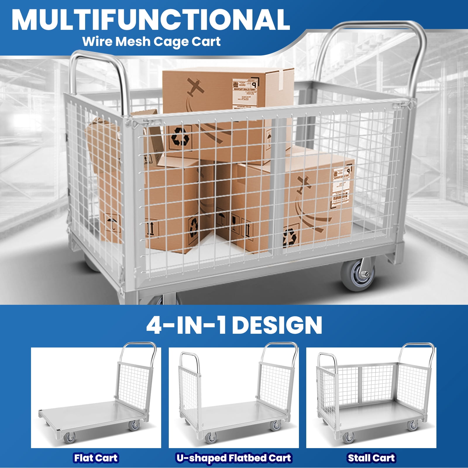 4 IN 1 Heavy Duty Platform Truck with Cage 40x23 Hand Truck Extra Large Version, 2200lbs Capacity Basket Cart with Wheels, Push Dolly with 6” Swivel Casters, Versatile Flatbed
