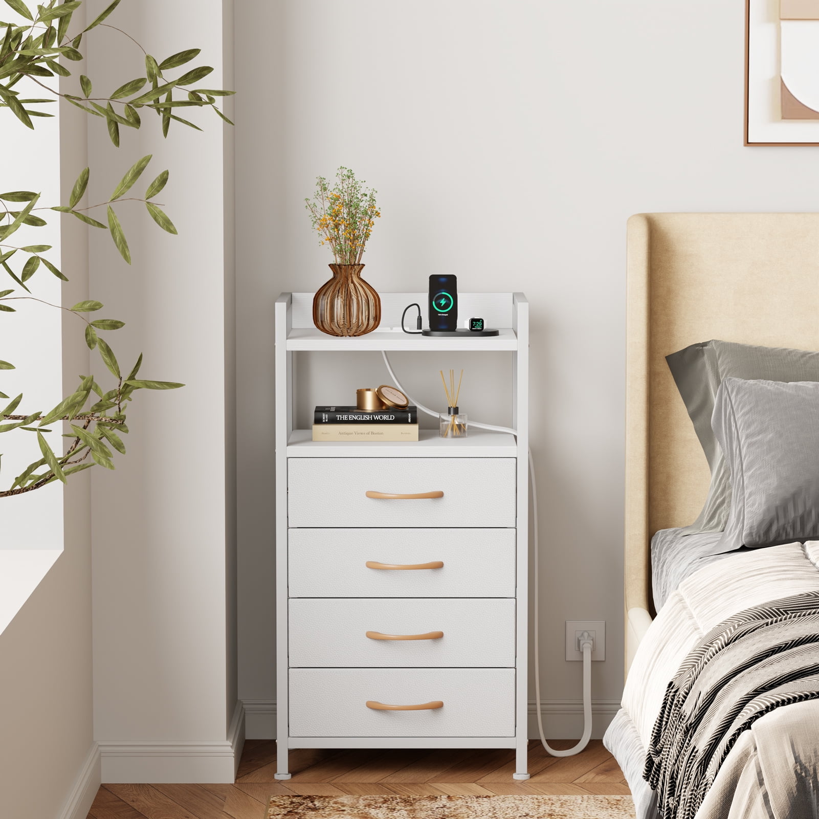 TYDIMOR Dresser Bedside Table with Charging Station, 4 Drawer Nightstand for Bedroom Furniture, White, Modern Style, Adults  (图2)