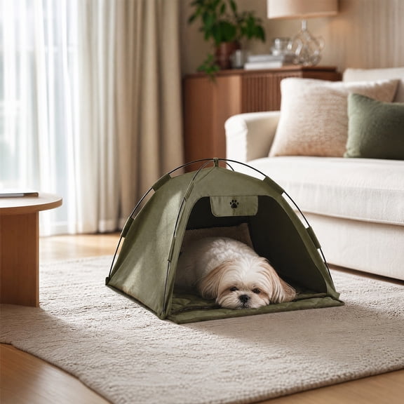 Portable Pet Tent 15.75in Foldable Indoor Outdoor Water-Repellent Mesh Green with Cushion