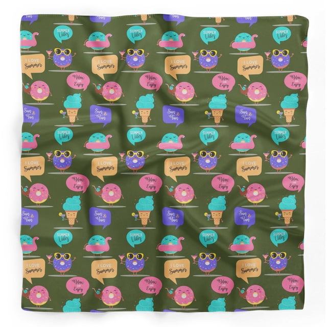 Bimba Green Donut & Text Printed Pure Silk Scarf For Hair Neck Head Bandanas For Women 40 x 40 Inches