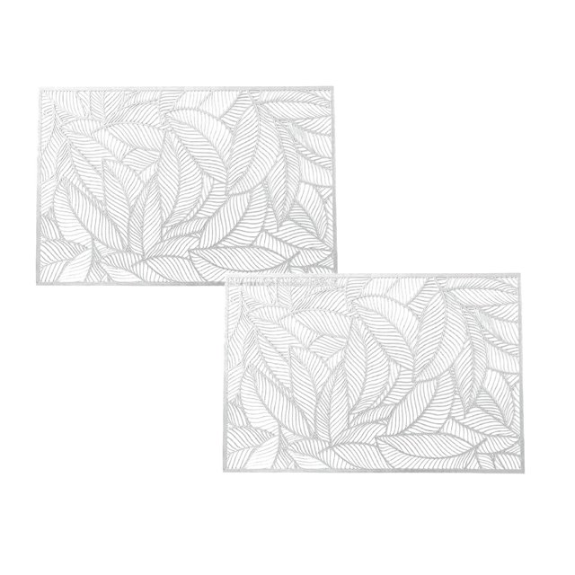 Oleegame 2PC Placemat Creative Rectangle PVC Placemat with Gold Foil, Heat- and Leaf-shaped Design, Perfect for Dining Table, Tea Cup, Western-style Dinner Mat Silver