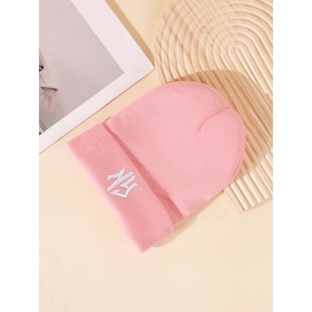 3pcs/1pc Children's Warm Knitted Hat For Autumn And Winter,NY Embroidered Design,Ear Protection Warm Beanies Pink One Size