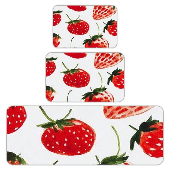 RKSupls Kitchen Rug Set 3 Piece Anti-Slip Flannel Floor Mats, Strawberry Fruit Washable Absorbent Runner Mats for Kitchen Bathroom Home Decor