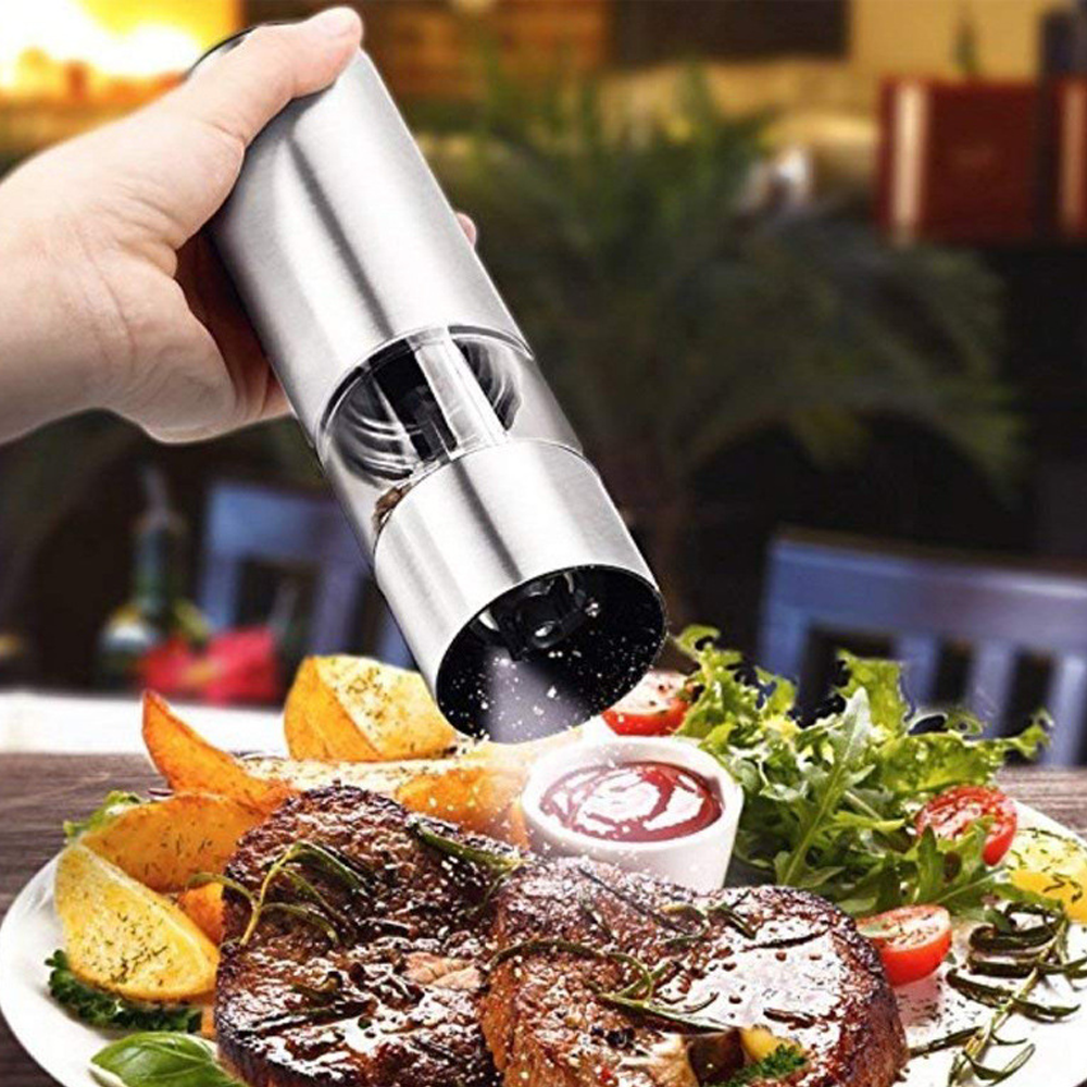 Urban Noon Electric Salt and Pepper Grinder Set - Battery Operated Stainless Steel Mill with Light (2 Mills) - Automatic One Handed