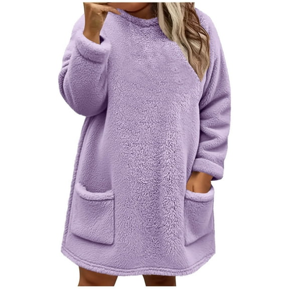 Lenpel Women's Plus Size Fleece Sweatshirts Long Sleeve Mock Neck Fuzzy Oversized Sweatshirts Plus Warm Pullover Tunic Tops with Pockets(Purple,X-Large)