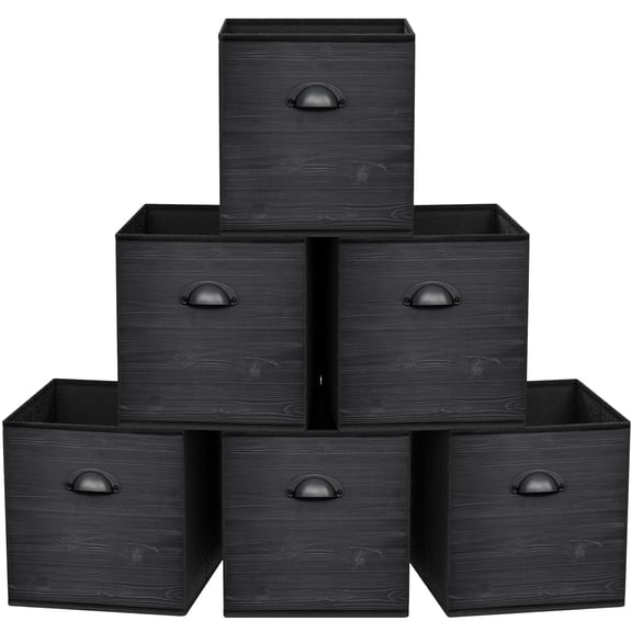 Fabric Cube Storage Organizer Bins, 11x11 Inch Black Wood Grain Printing Storage Cubes, Closet Cloth Baskets Box For Shelves, Set of 6