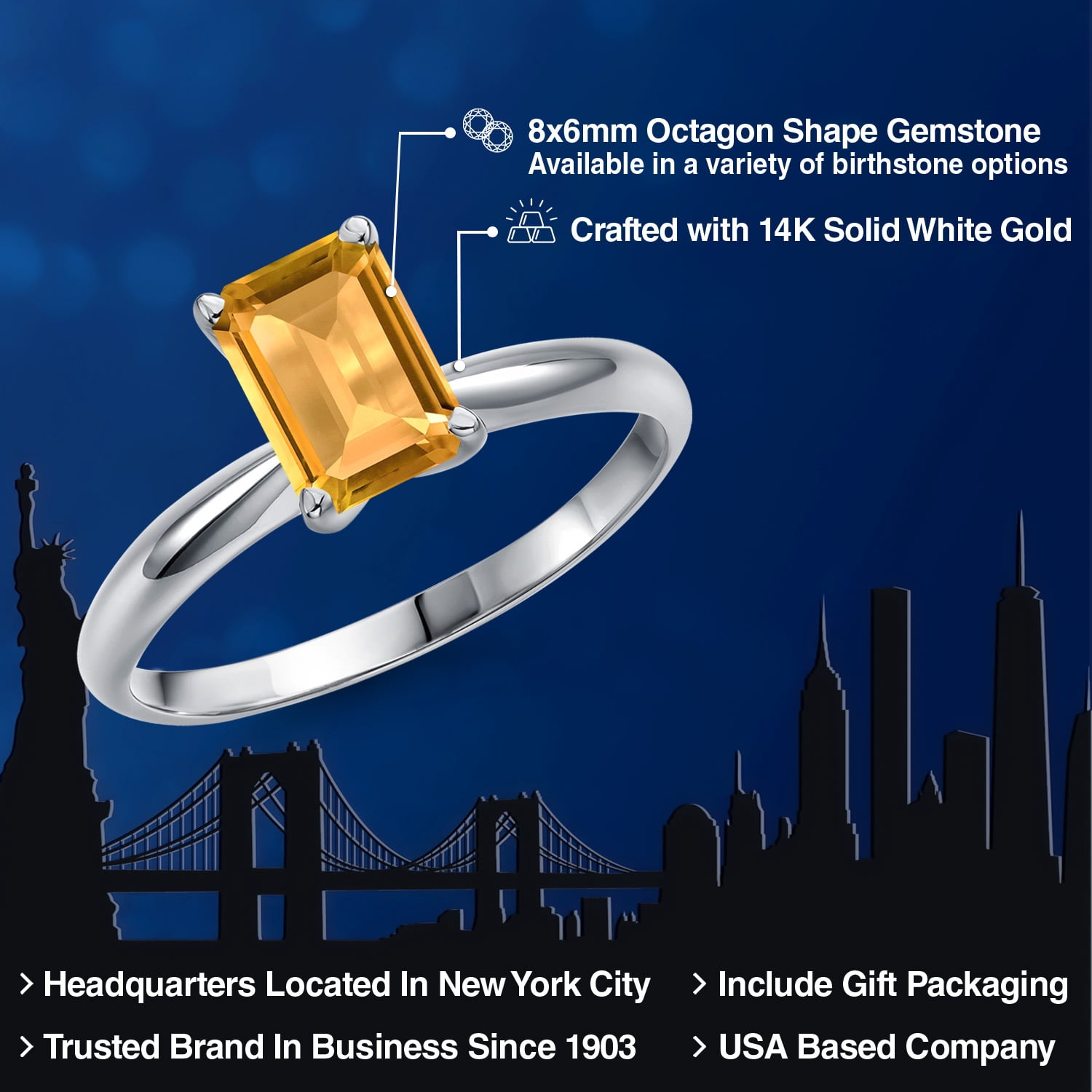Gem Stone King 14K White Gold Yellow Citrine Solitaire Engagement Ring for Women | 1.65 Cttw | Emerald Cut 8X6MM | Gemstone November Birthstone | Size 7