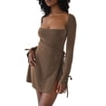 thumbnail image 2 of Fortune Robe Courte pour Femme Couleur Unie Col Carré à Nouer Taille Haute Fendue Robes, 2 of 7