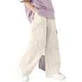 thumbnail image 4 of Lenpel Girls' Cargo Pants Cotton Elastic High Waisted Pull on Pleated Wide Leg Pants Baggy Casual Trousers with Pockets, 4 of 6