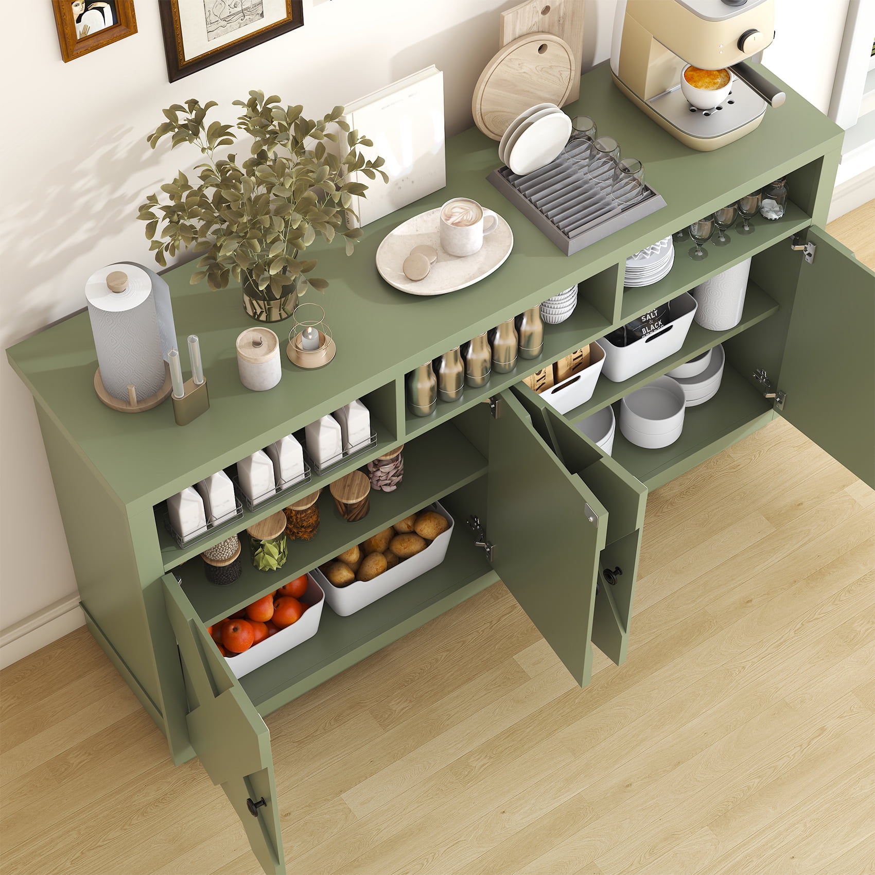 HAUXITIO 60" Farmhouse Buffet Cabinet with 4 Doors & Open Shelves,Kitchen Storage Sideboard for Dining Room & Living Room,Green