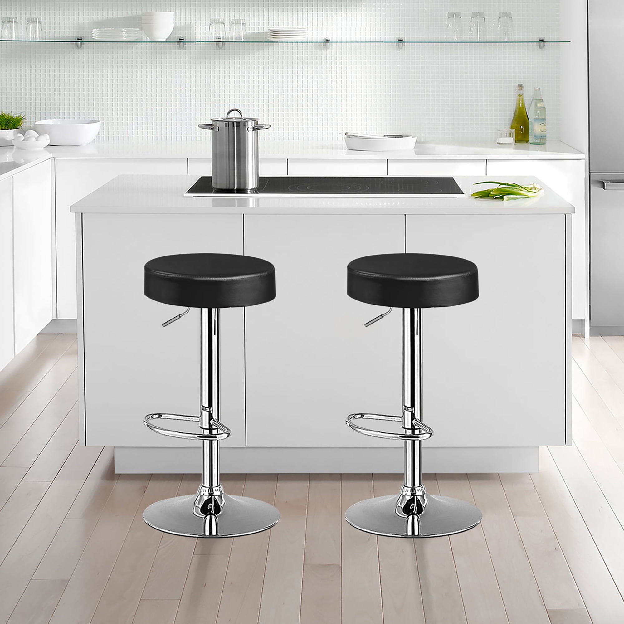 Costway 1 PC Round  Backless Bar Stool Adjustable Swivel Pub Chair U Leather with Footrest Black