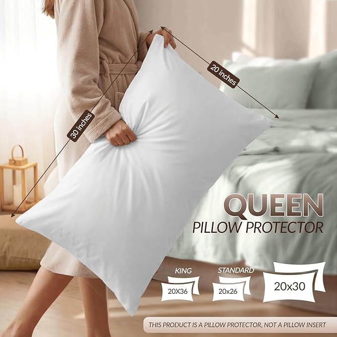 Beddora Queen Size Pack of 2 Waterproof Zippered Pillow Protectors 20" x 30" – Bed Bug & Dust Mite Proof Encasements, Soft Noiseless Pillow Covers