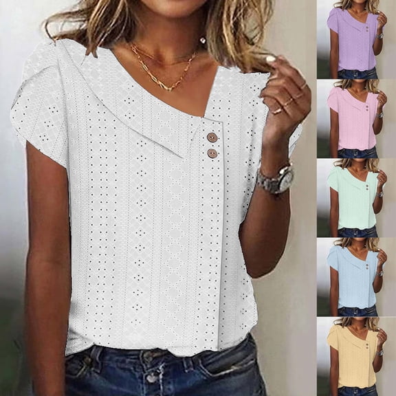 Htigea Womens Summer Tops Dressy Casual Crewneck Short Sleeve Shirts Solid Hollow Out Knit Loose Blouses Mint Green,5XL