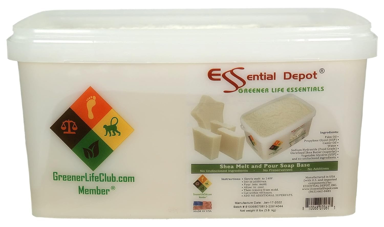 Essential Depot Shea Melt & Pour - 8 lbs Shipped in a safety-sealed square pail with resealable lid and removable handle