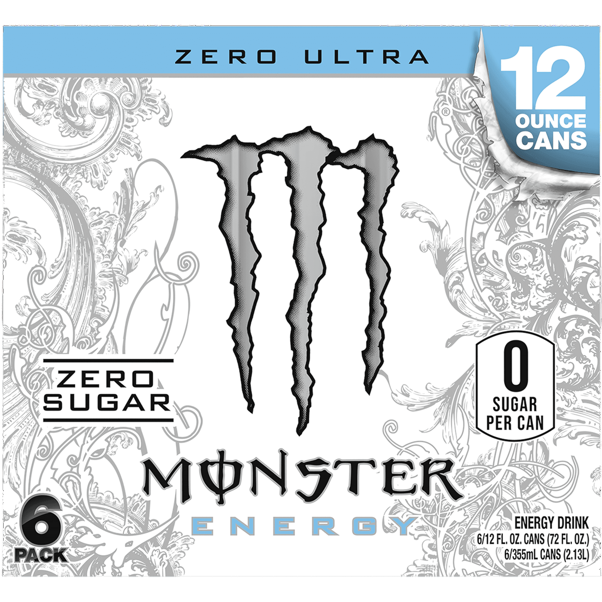 Monster Energy, Zero Ultra, Sugar Free Energy Drink, 12 fl oz, 6 Pack ( 2 Box )