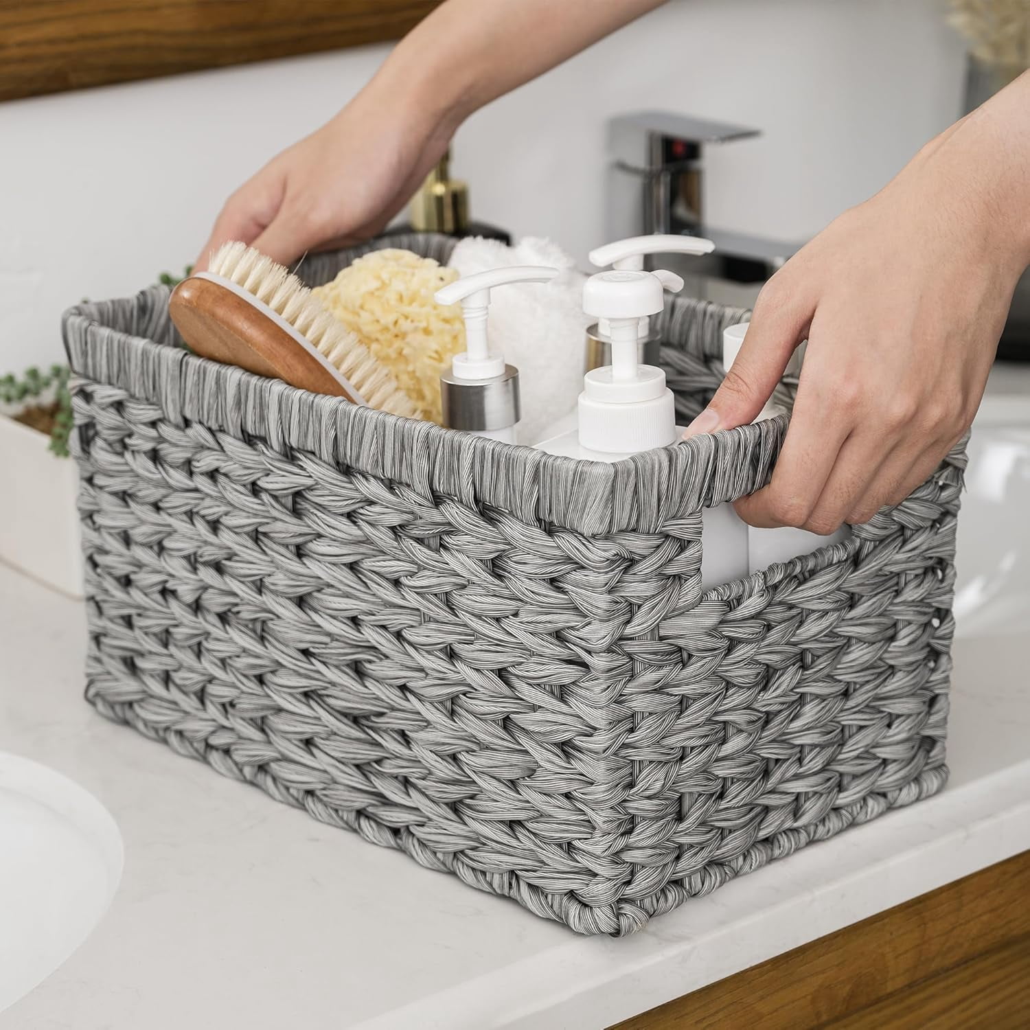 GRANNY SAYS Wicker Storage Baskets for Shelves, Waterproof Woven Baskets for Organizing, Hand Woven Rectangle Basket for Pantry, Gray, 2-Pack
