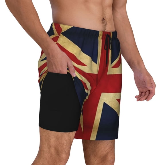Mens British Flag Natural Swimming Trunks with Compression Liner Beach Quick Dry Swim Shorts