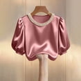 thumbnail image 4 of LWITHSZG Womens Tops Trendy Pearl Short Sleeve Shirts Summer Comfy Loose Basic Tees Dressy Business Casual Work Silk Satin Blouses, 4 of 5