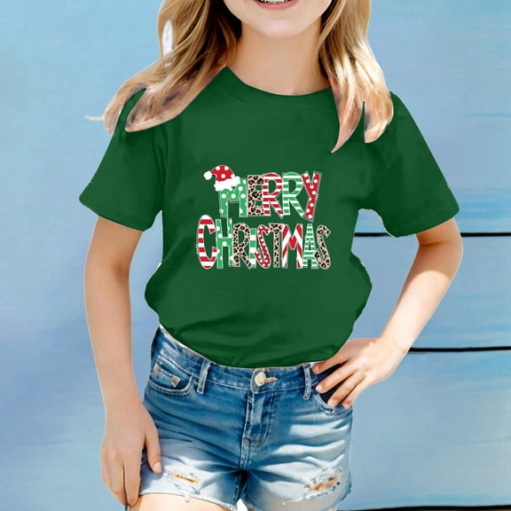 Ulitacool Tops For Girls Short Sleeve Cartoon Pattern Crewneck Tee 3-4 Years Green