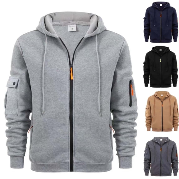 ZVNAΖH Zip-up Hooded Sweatshirt for Men, Zip Up Hoodie with Hidden Pockets Men, Mens Casual Warm Multi Pockets Fleece Zip Up Hoodie Coat Fall Winter