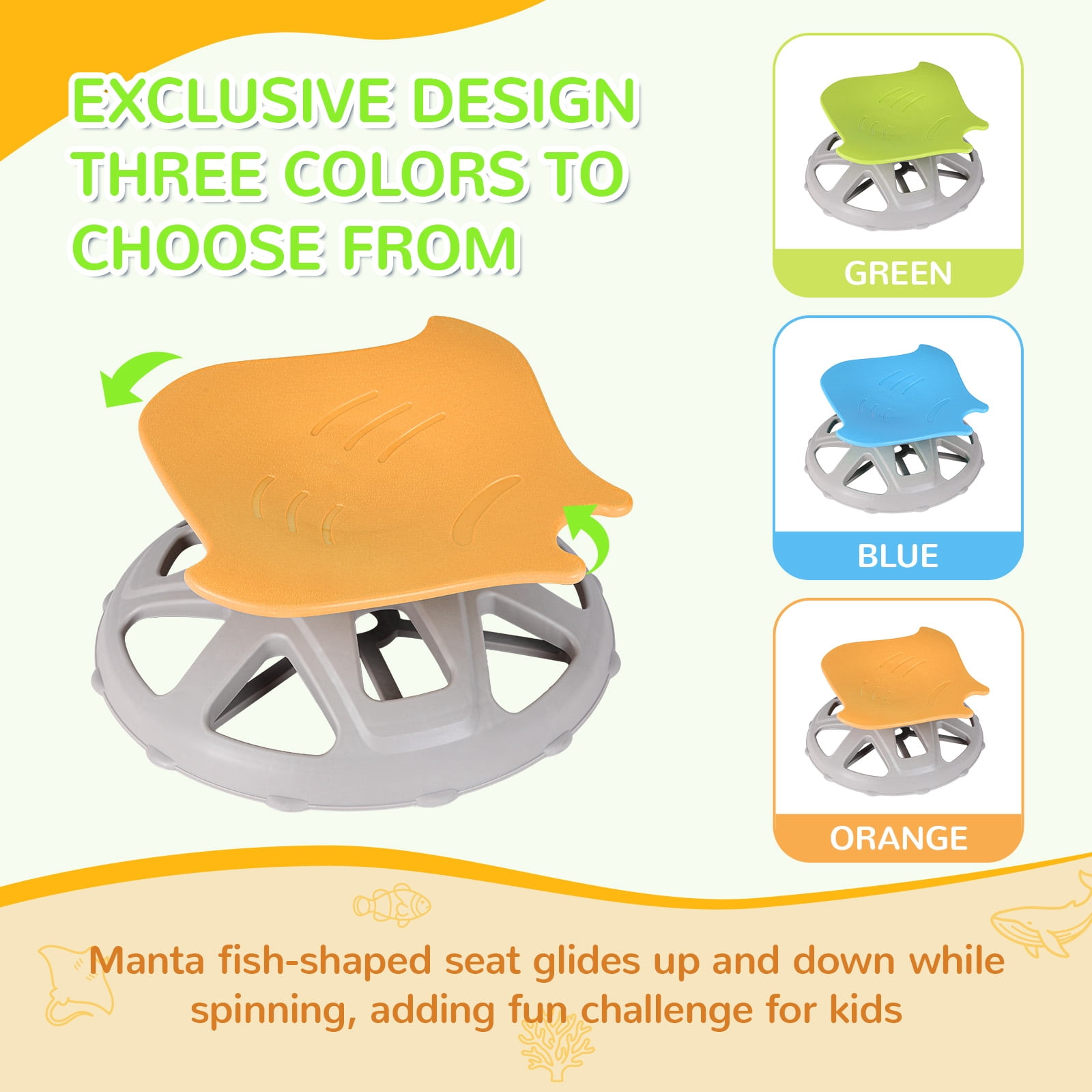 TLSUNNY Spinning Chair for Autistic Kids, Fish-Shaped , 220LB Capacity, 360°Sensory Swivel Chair W/ Upgraded Base, Sit and Spin Toys Indoor Outdoor Play