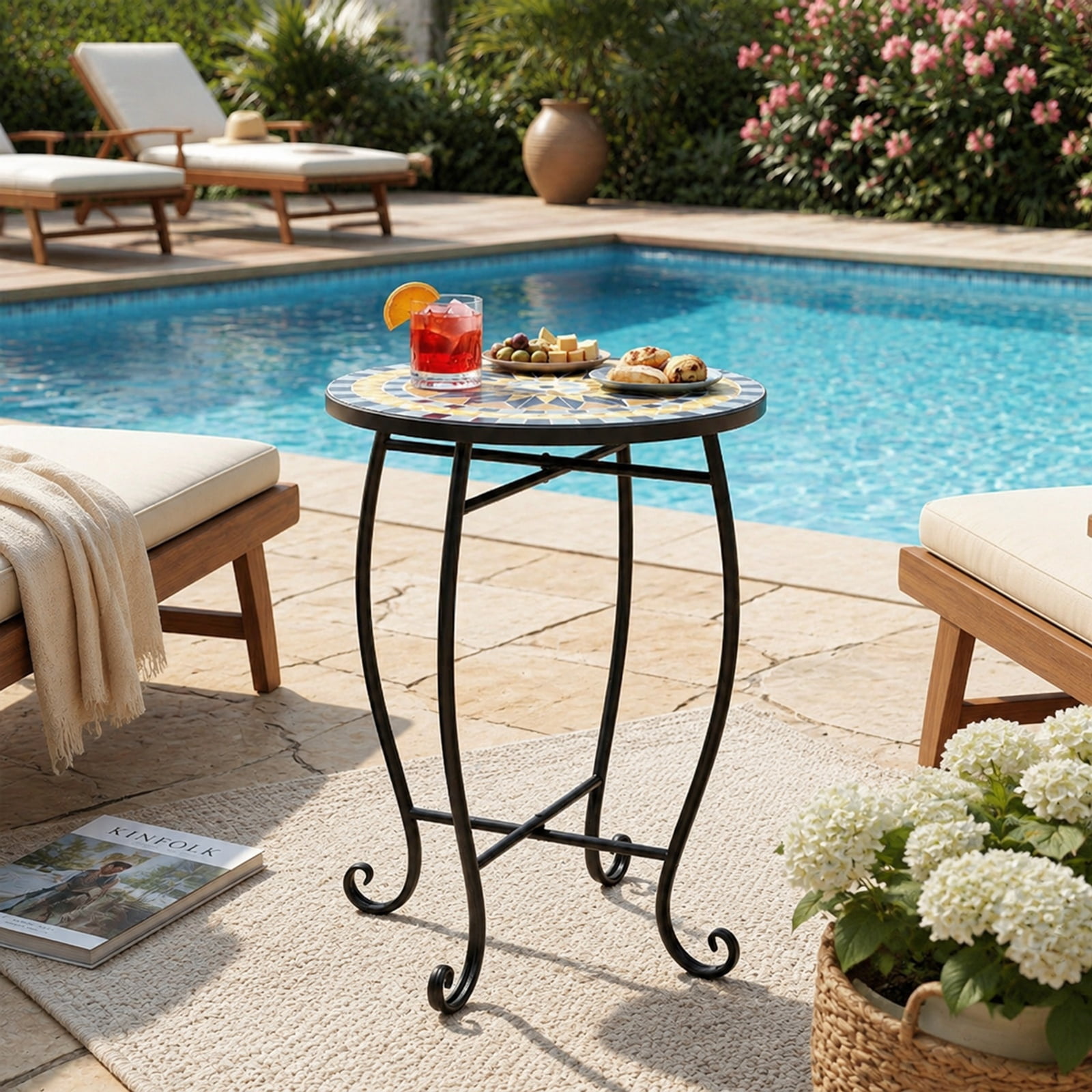Biotree 14 Inch Mosaic Patio Accent Table, Metal Outdoor Side Table Plant Stand with Sunflower Floral Top and X-Base for Backyard Poolside, Yellow