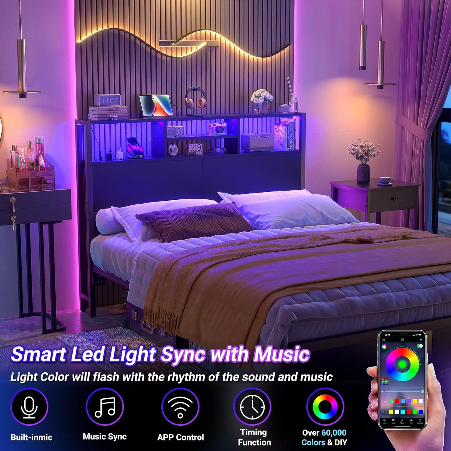 Homieasy Headboard for Full Size Bed with Storage, Headboards with Outlets, USB Ports and LED Light, King Size Head Board Only, Height Adjustable, Reversible, Sturdy and Stable Headboard, Black