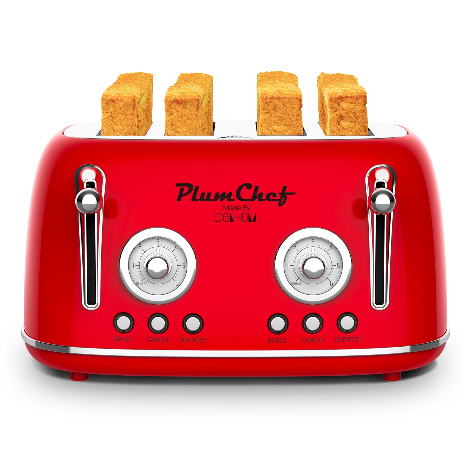 Plum Chef 4 Slice Toaster, Retro Stainless Steel with Bagel Defrost Cancel Function, 6 Browning Settings, Dual Control Toaster with Extre Wide Slot & Removable Crumb Tray, Red, 1650W