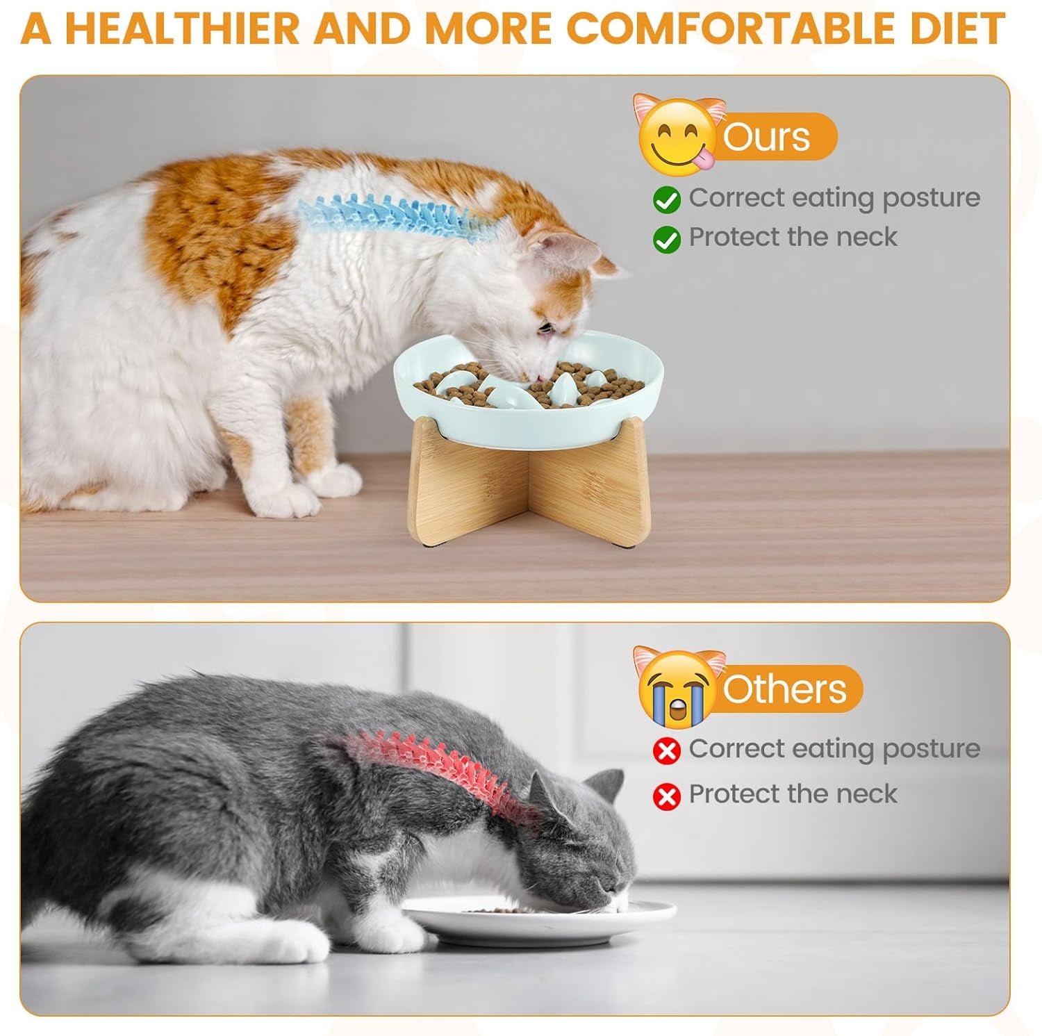 2PC Slow Feeder Cat Bowl with Stand, Ceramic Slow Eating Cat Bowl with Higher Edges Fish Pool Design Elevated Cats Food Bowls for Dry and Wet Food Anti-Vomiting Puzzle Feeder for Healthy Eating Diet
