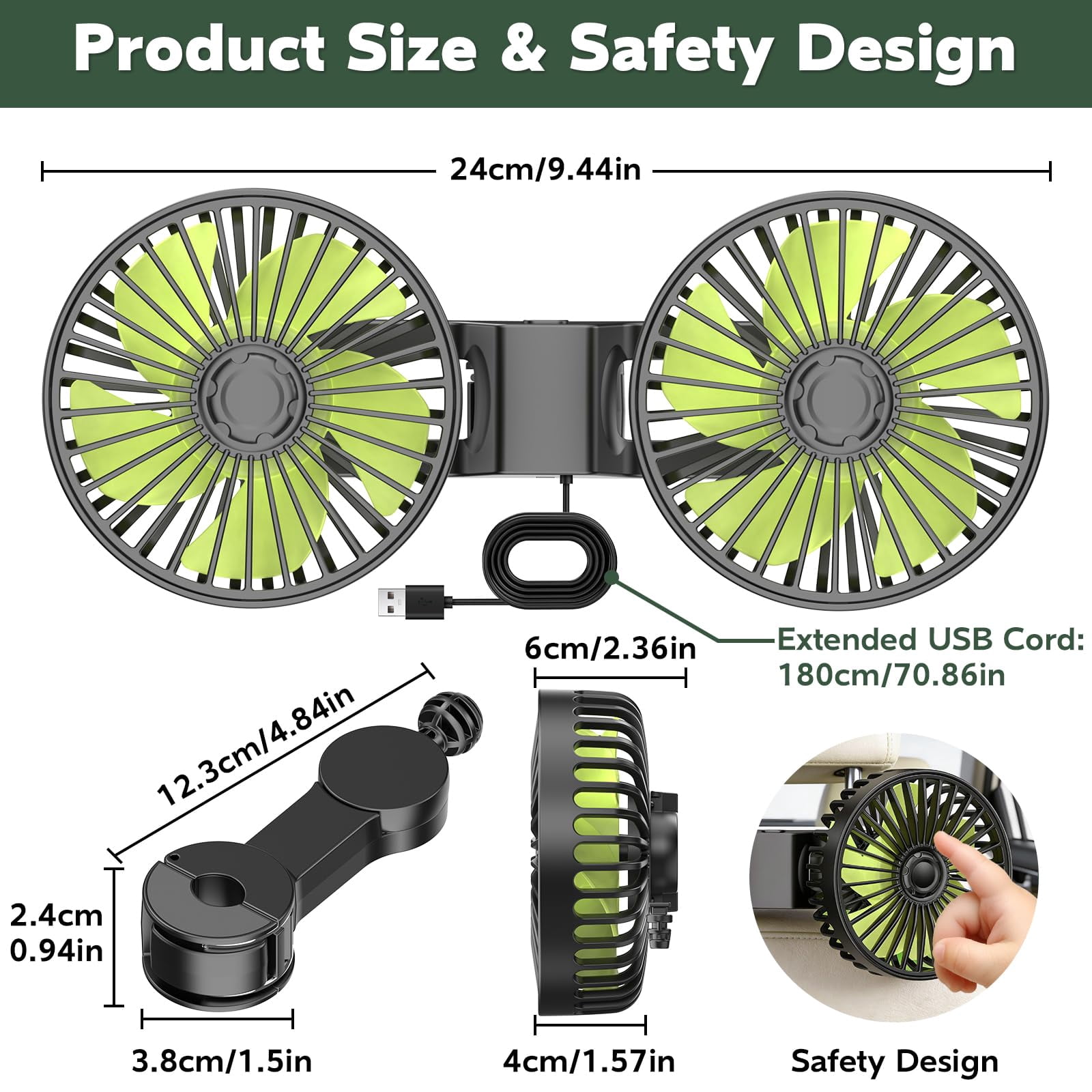 Yerloa USB Car Fans for Backseat,Dual Cooling Car Fans For Kids Baby,360° Rotatable Car Rear Headrest Fan,Powerful 3 Speeds 360° Rotatable Cooling Portable Car Seat Fan for Sedan SUV RV Truck Vehicle