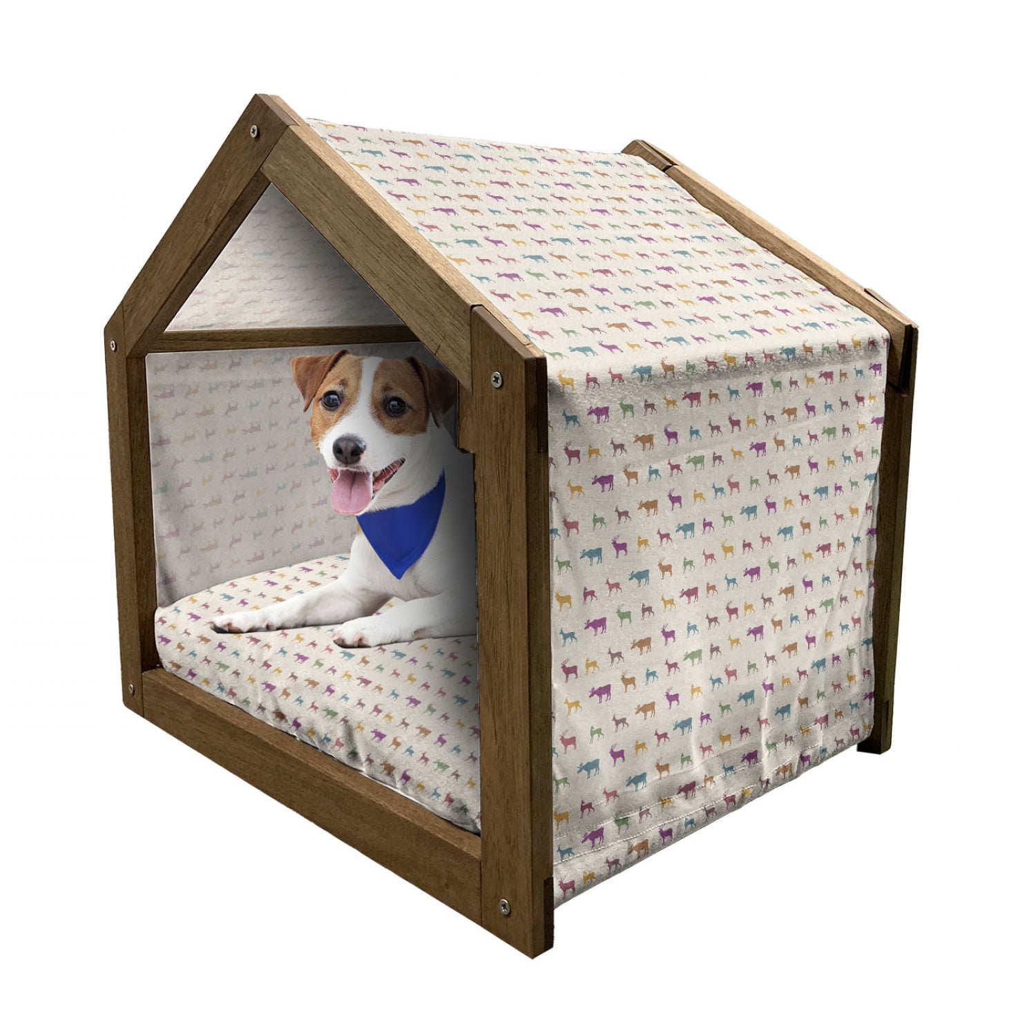 Floral Patterned Wooden Dog House with Canopy and Pillow