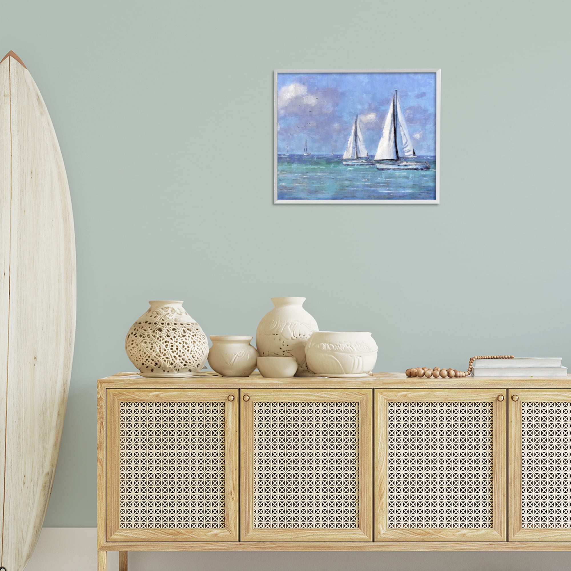 Stupell Industries Sailing Day Sailboats Landscape Painting White Framed Art Print Wall Art, 20 x 16