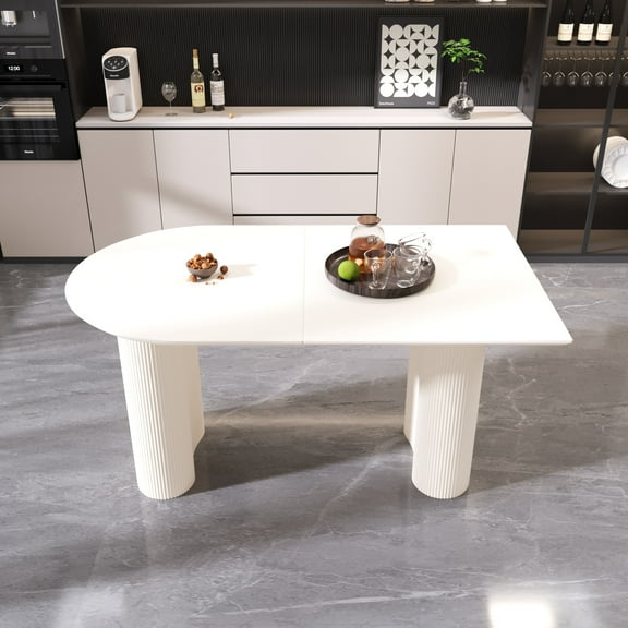 63 "Modern MDF New Cream Style Dining Table and Irregular Side Table, 4-8 Person Dining Table, Thick Engineering Wood Round Wave Table Legs, Home Kitchen Thick Elegant Cream White Assembly Table Top
