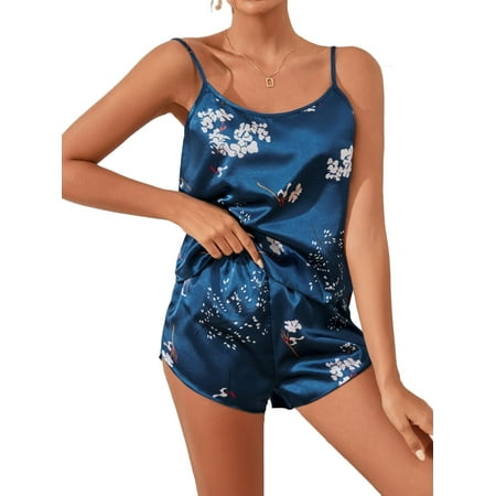 

Women s Satin Pajama Floral Cami Top With Shorts 2 pcs PJ Set Sleepwear