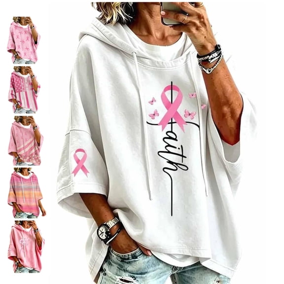 In October We Wear Pink Sweatshirt Breast Cancer Shirts For Women Oversized Drawstring Print 3/4 Sleeve Hoodies Pullover