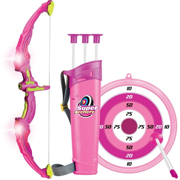 Click N' Play Pink Bow and Arrow Light Up Archery Set | Sport Set for Girls Outdoor Hunting Play | Pink Bow, 3 Suction Cup Arrows, Target, and Quiver