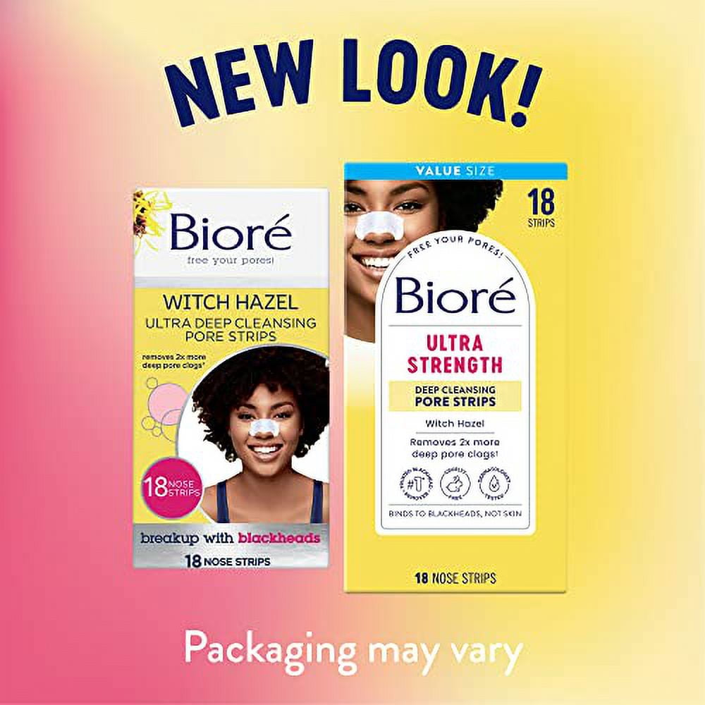 Bioré Witch Hazel Blackhead Remover Pore Strips, Nose Strips, Clears Pores up to 2x More than Original Pore Strips, features C-Bond Technology, Oil-Free, Non-Comedogenic Use, 18 Count