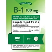 B1 Vitamin 100mg | 100 Tablets | Vegan Supplement | For Men and Women | by Natures Truth