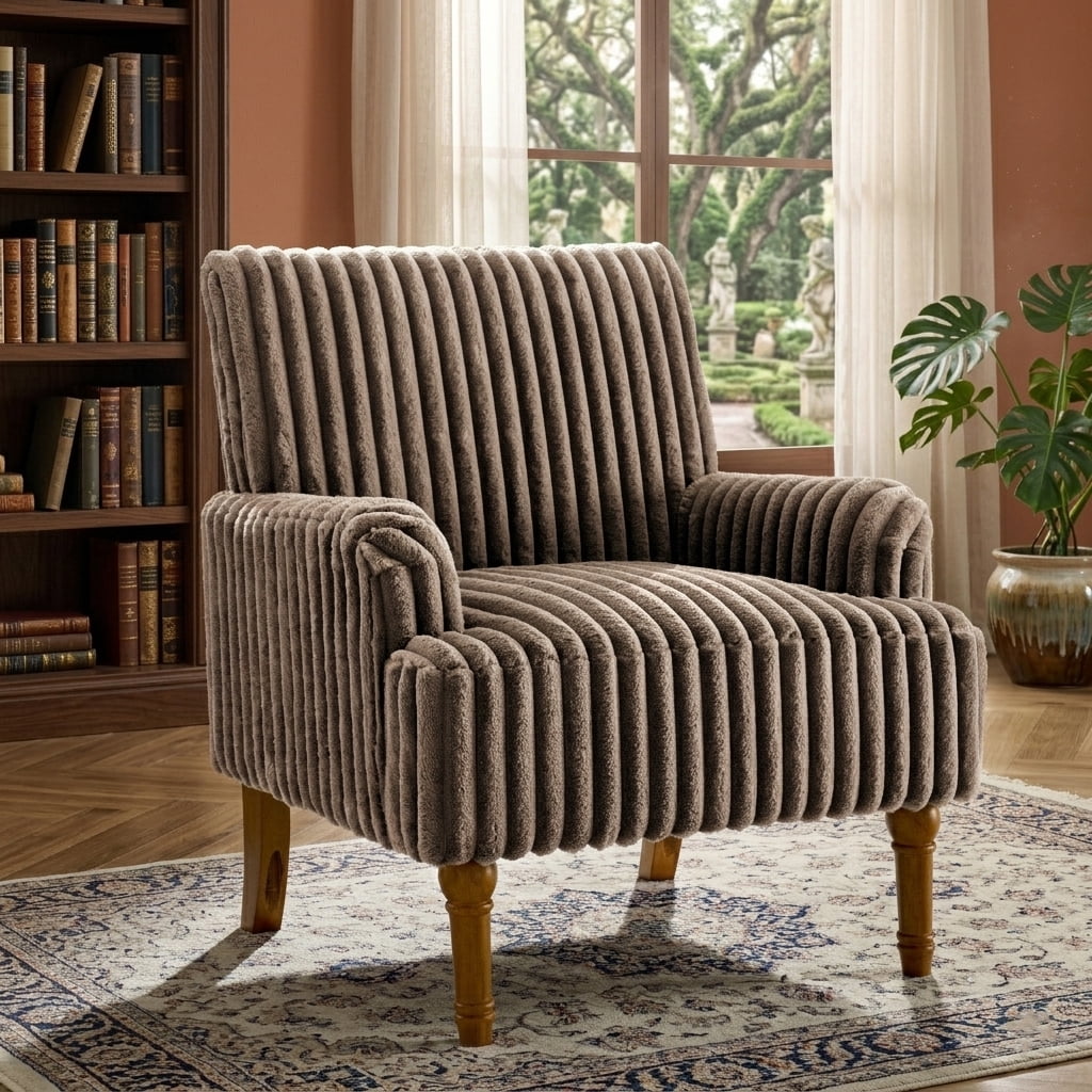 Aukfa Mid Century Corduroy Accent Chair, Wide Wale Upholstered Armchair with 9" Wood Legs for Living Room Bedroom,Dark Coffee