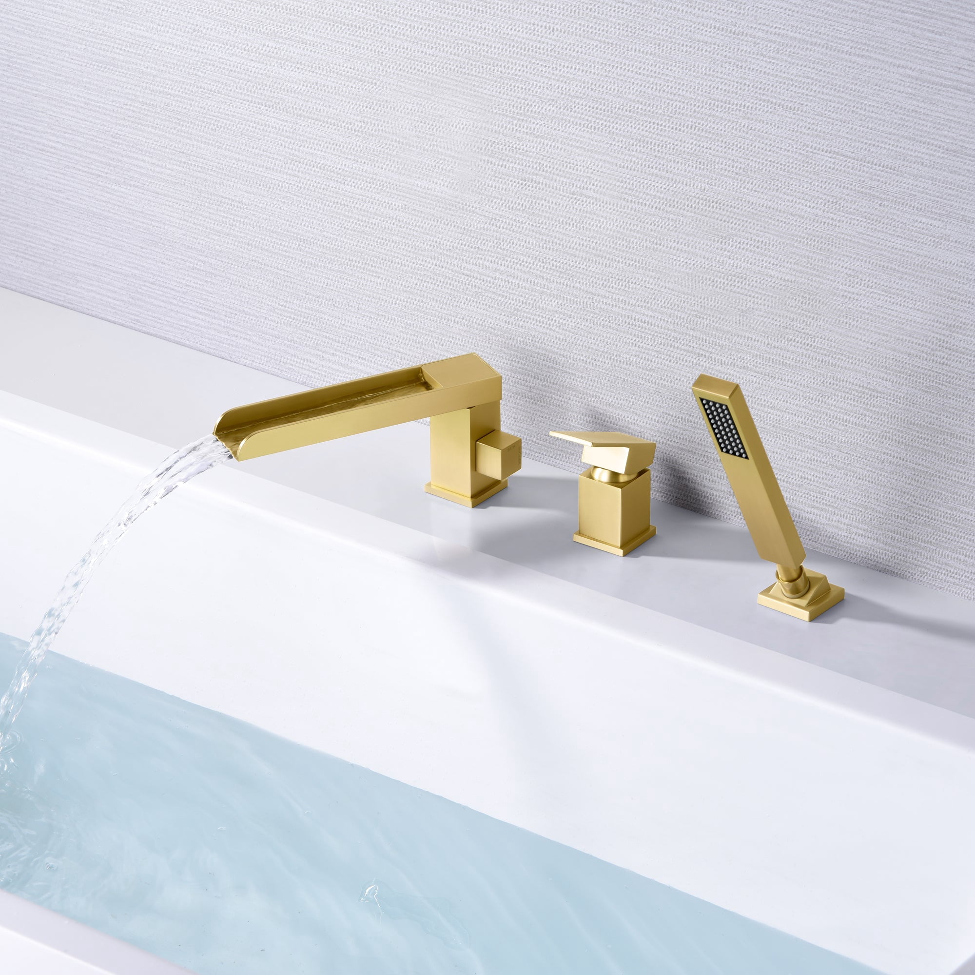 3 Hole Brushed Gold Waterfall Roman Tub Faucet with Hand Shower and Valve Sumerain