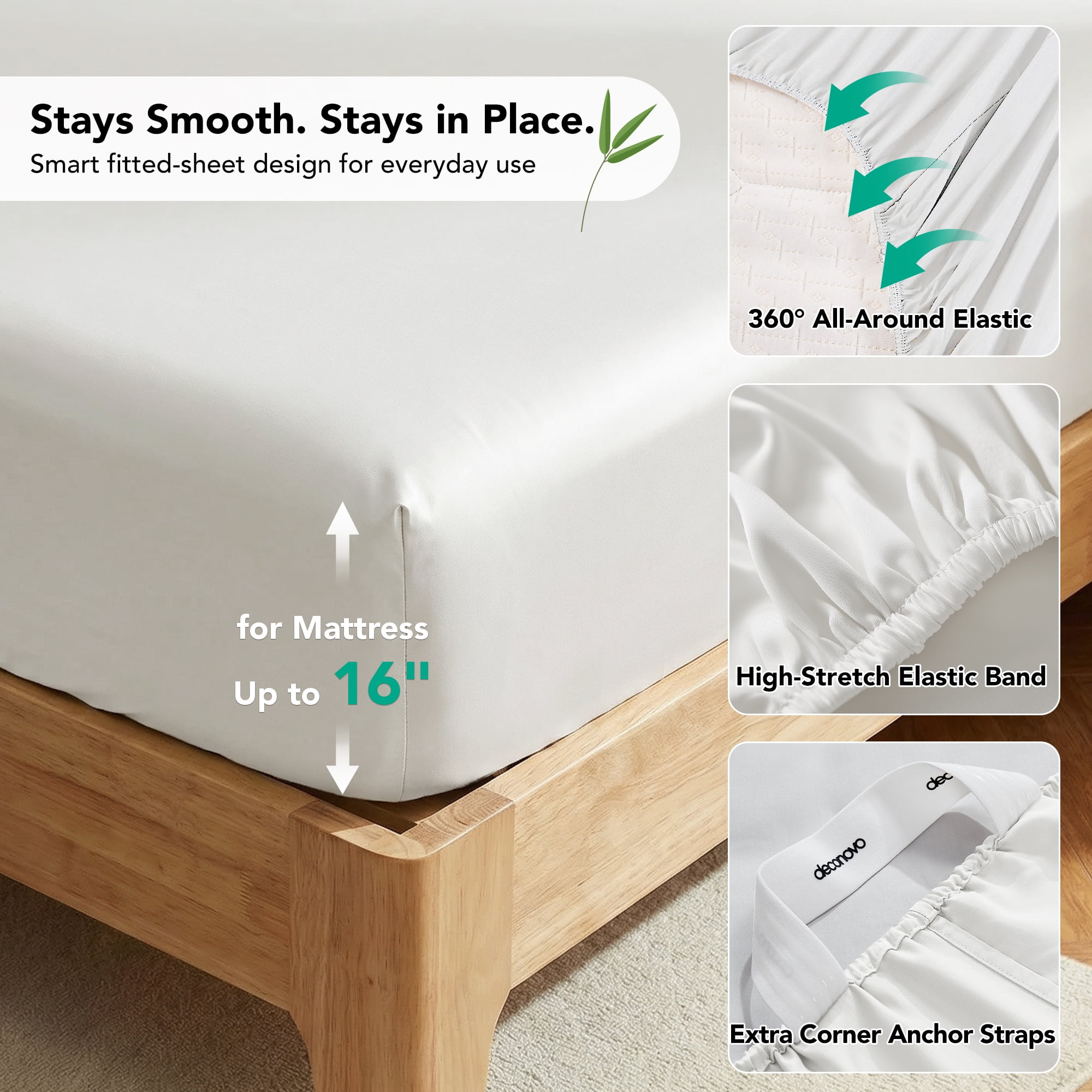 Deconovo Bed Sheets Set - Soft Cooling Bamboo Fiber 4 Piece Breathable Eco-Friendly Moisture-Wicking Bedding, White, Queen Size