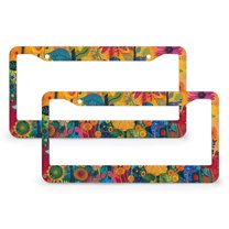 2 PCS Folk Art Illustrations Sunflowers License Plate Frame Yellow Sunflower with Green Leaves License Plate Cover Frame Aluminum Metal 2 Round Holes for Us Standard Vehicles