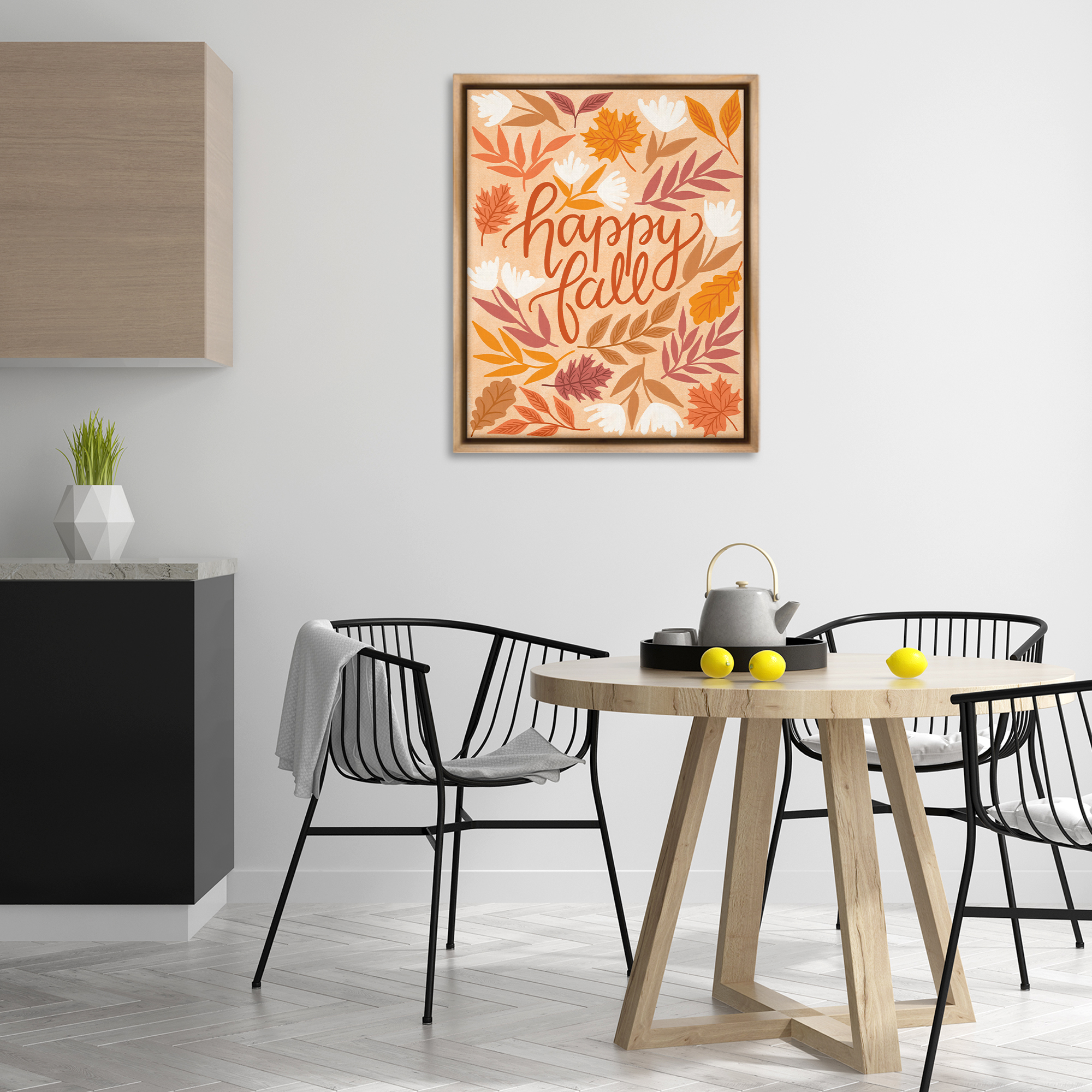 Stupell Industries Happy Fall on Leaves Plants & Flowers Painting Brown Floater Framed Canvas Art Print Wall Art, 25 x 31