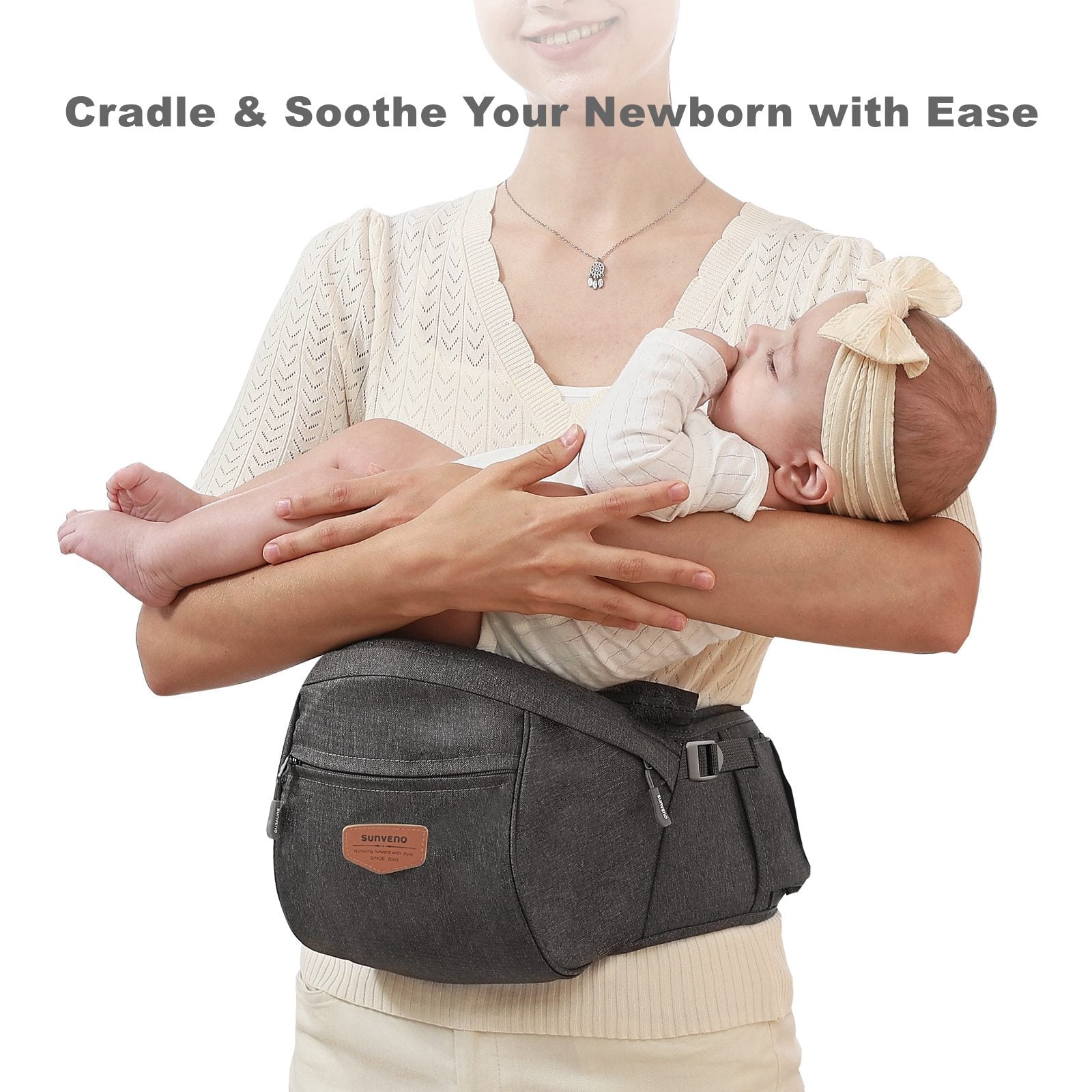 Sunveno Ergonomic Hip Baby Carrier with Seat, Adjustable Waistband & Storage Pockets, Newborn to Toddler up to 45 lbs