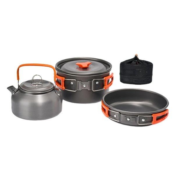 Juego de cocina para acampar de 3 piezas, utensilios de cocina plegables, ollas y sartenes portátiles. Naranja