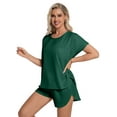 thumbnail image 4 of DAKIMOE Womens Silk Stain Pajamas Set Short Sleeve Soft Sleepwear Top With Shorts Set PJ Loungewear, Dark Green, M, 4 of 8