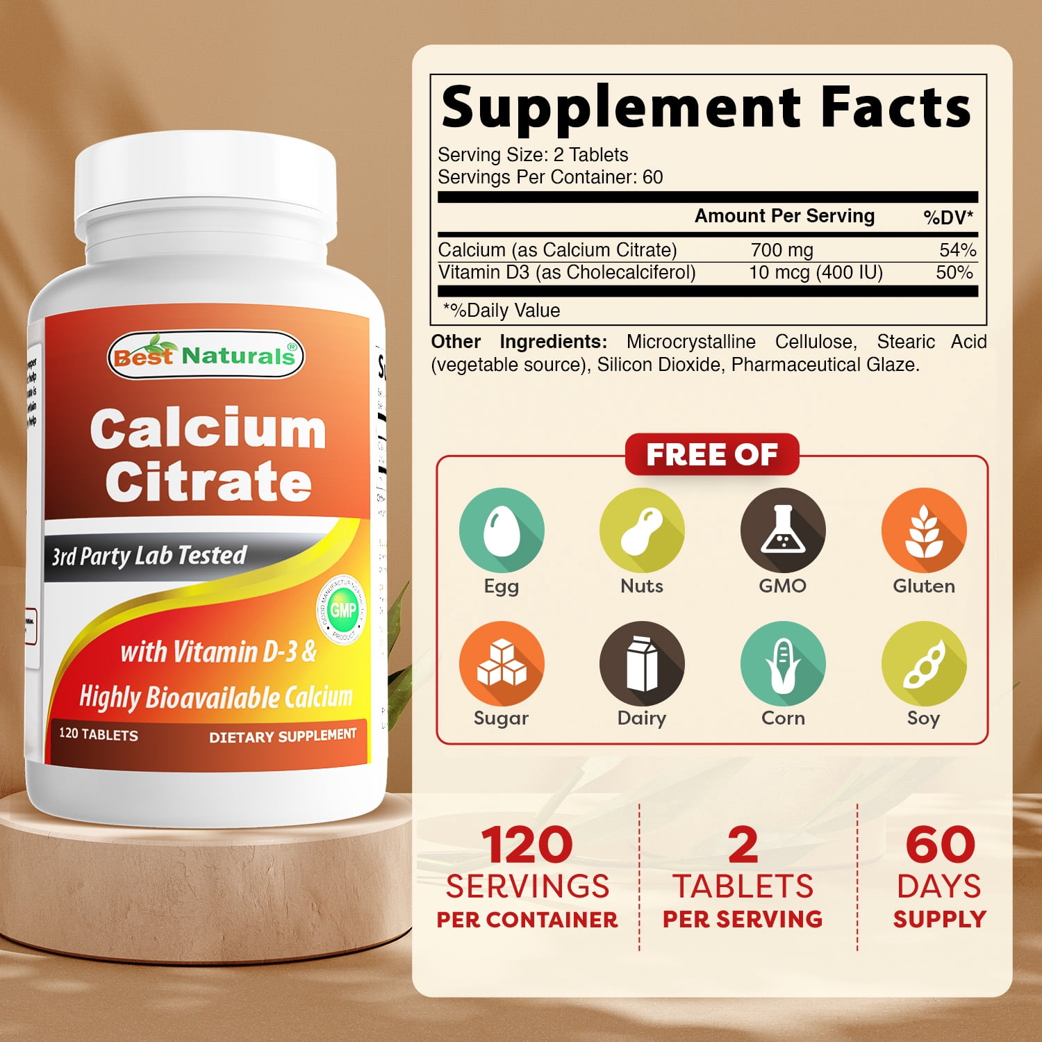 (3 pack) Best Naturals Calcium Citrate with Vitamin D-3 120 Tablets