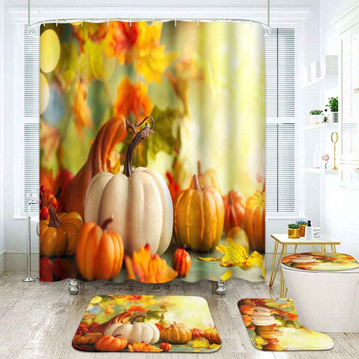 FMSHPON Pumpkin Pumpkin Halloween Shower Curtain Sets Fall Leaves 4